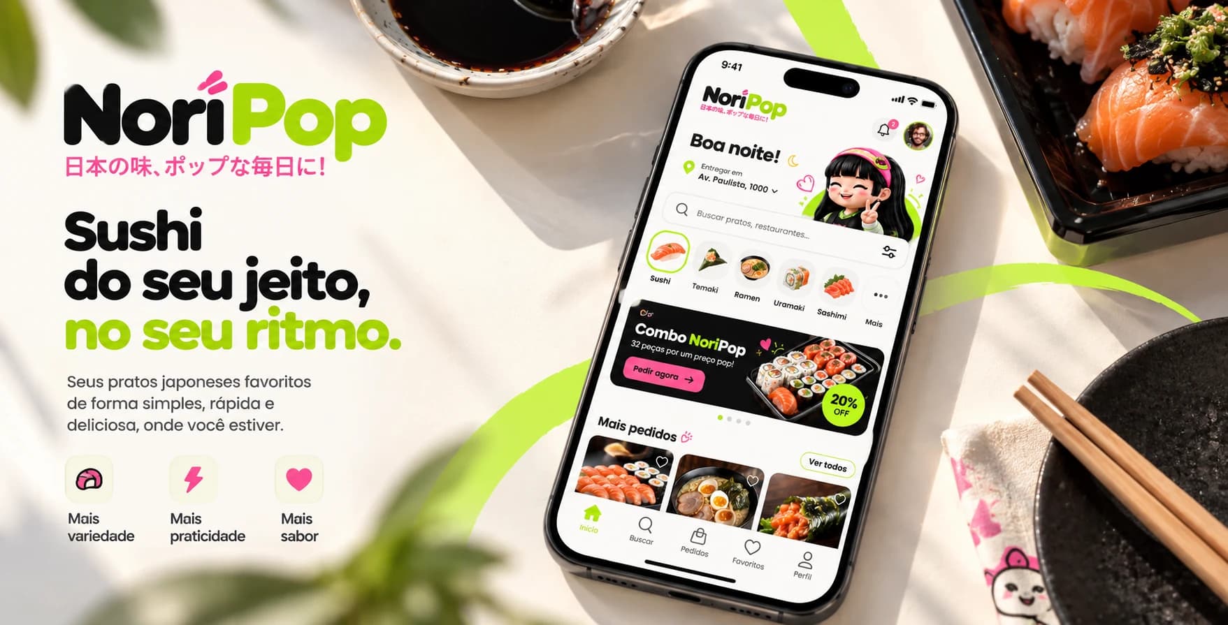 Celular com o app NoriPop aberto sobre uma mesa com sushi e hashis, ao lado do logotipo e do slogan "Sushi do seu jeito, no seu ritmo".